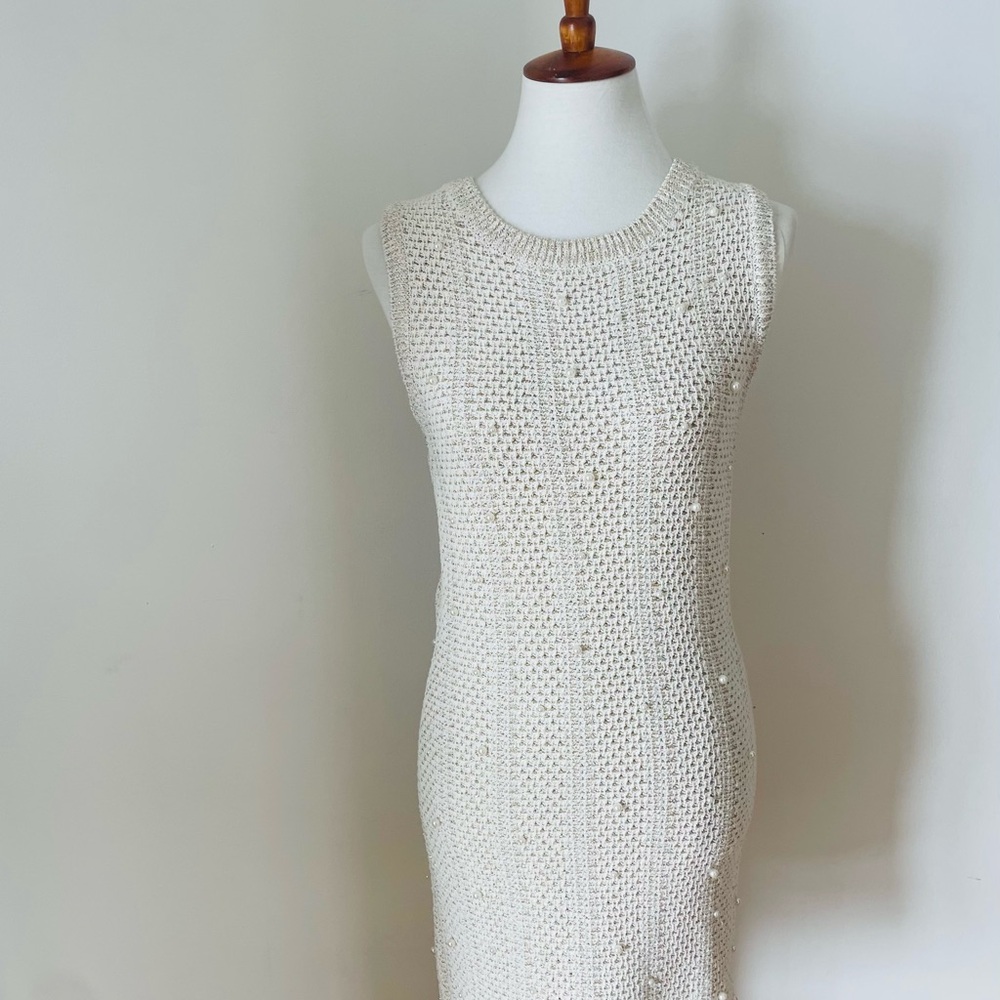 Zara Knit Pearl Beaded Shimmer Sleeveless Dress